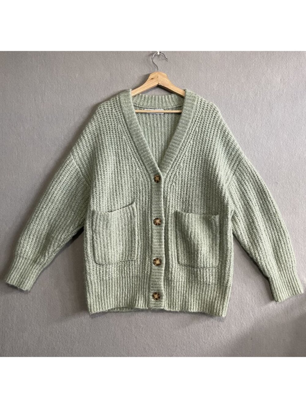 Zara Mint Chunky Knit Cardigan Sweater Jacket With Patch Pockets  M